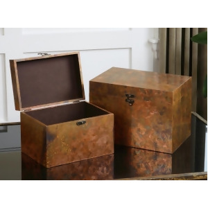 Set of 2 Oxidized Copper Handcrafted Decorative Storage Boxes with Hinged Lids - All