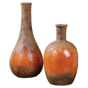 Set of 2 Tibetan Inspired Rustic Brown and Orange Ceramic Flower Vases 12 - All