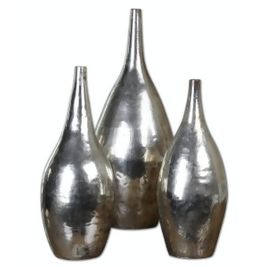 Set of 3 Kiao Shiny Silver Plated Decorative Flower Vases with Antiqued Finish - All