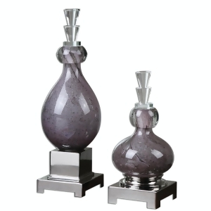 Set of 2 Charlotte Shaped Glass Bottles with Dark Purple Interiors and Crystal Stoppers - All