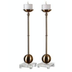 Set of 2 Landon Elegant Brushed Brass Pillar Candle Holders with Crystal Feet - All