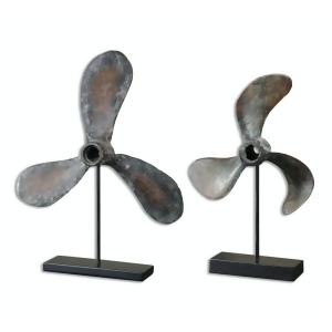 Set of 2 Contemporary Nautical Style Rustic Boat Propeller Sculptures on Black Bases - All