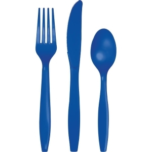 Club Pack of 288 Cobalt Blue Premium Heavy-Duty Plastic Party Knives Forks and Spoons - All