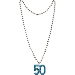 Club Pack of 12 Blue and Silver Age 50 Medallion Beaded Birthday Party Favor Necklaces - All