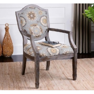 39.5 Misty Blue and Pebble Tan Medallions Weathered Oak Accent Chair - All
