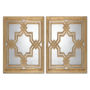 Set of 2 Bonatale Square Antiqued Wall Mirrors with Geometric Cut-Out Gold Leaf Frames - All