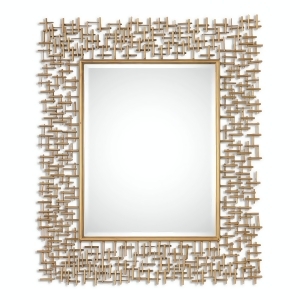 Rectangular Beveled Wall Mirror with Heavy Antiqued Gold Leaf Welded Tube Frame - All