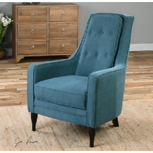 40.5 Peacock Blue Linen Ebony Stained Wood High Back Armchair - All