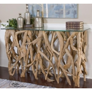 59 Eco-Friendly Artistic Natural Teak Clear Glass Topped Wooden Console Table - All