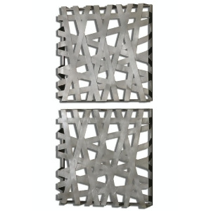 Set of 2 Allegiant Bright Silver Hand Forged Metal Band Square Wall Art Panels - All