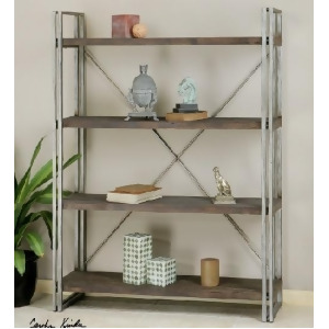 63.5 Antique Silver Metal Walnut Stained Fir Wood Etagere Display Shelves - All