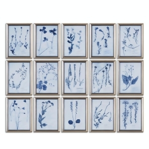 Set of 15 Pale and Royal Blue Study of Dried Flowers Silver Framed Print Wall Art - All