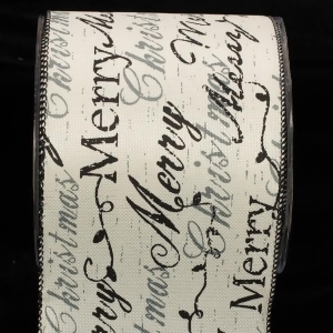 Classic Ivory Holiday Script Black and Gray Wired Ribbon 4 x 20 yards - All