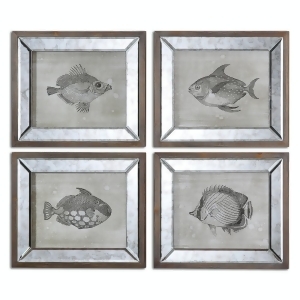 Set of 4 Wildlife Fish Study Wall Art Prints with Antiqued Mirror Frames - All