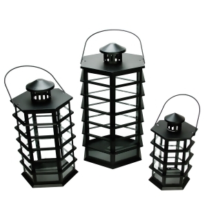 Set of 3 Black Modern Design Glass Pillar Candle Lanterns 10.5 18.5 - All