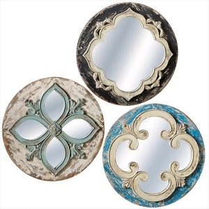 Set of 3 Distressed Ivory Black and Blue Round Medallion Carved Wall Mirror - All