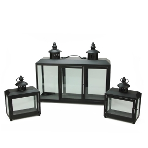 Set of 3 Decorative Black Wide Colonial Design Glass Pillar Candle Lanterns 7.75 19.75 - All