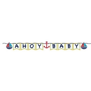 Pack of 6 Ahoy Matey Navy Blue and School Bus Yellow Ahoy Baby Shower Ribbon Party Banners - All