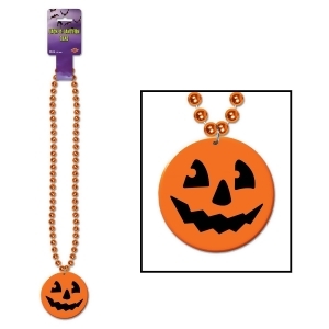 Club Pack of 12 Beaded Halloween Necklace with Printed Jack-O-Lantern Medallion 36 - All
