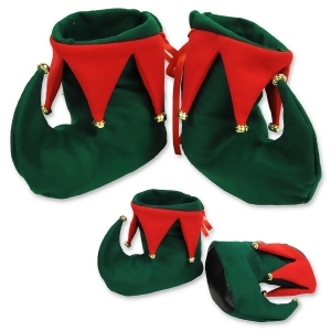 Club Pack of 12 Pairs Red and Green Elf Boots with Jingle Bells Adult Sized - All