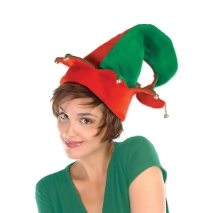 Club Pack of 12 Red and Green Striped Felt Elf Hat with Bells Adult Sized - All
