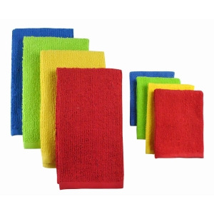 Pack of 8 Solid Primary Colored Dish Towel and Wash Cloth Kitchen Accessory Set Terry Cloth - All