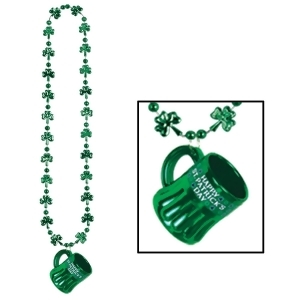 Club Pack of 12 Green Happy St. Patrick's Day Beer Mug Medallion Bead Necklaces 36 - All