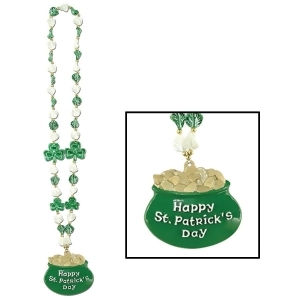 Club Pack of 12 Green Happy St. Patrick's Day Pot-O-Gold Medallion Bead Necklaces 39 - All