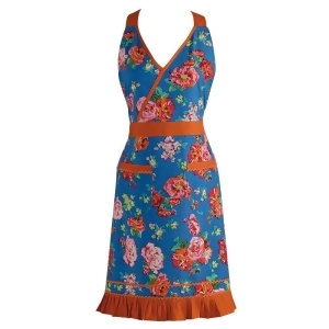 27 Vintage Style Blue and Orange Women's Floral Kitchen Apron w/ Pockets - All