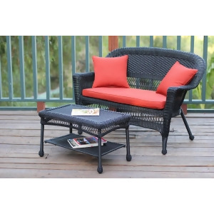 2-Piece Oswald Black Resin Wicker Patio Loveseat and Coffee Table Set Red Cushion - All