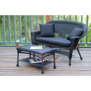 2-Piece Oswald Black Resin Wicker Patio Loveseat and Coffee Table Set Black Cushion - All