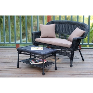 2-Piece Oswald Black Resin Wicker Patio Loveseat and Coffee Table Set Brown Cushion - All