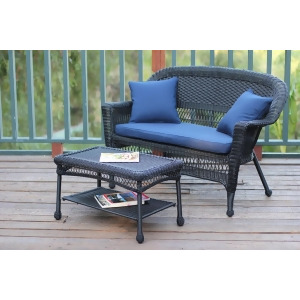 2-Piece Oswald Black Resin Wicker Patio Loveseat and Coffee Table Set Blue Cushion - All