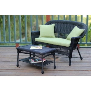 2-Piece Oswald Black Resin Wicker Patio Loveseat and Coffee Table Set Green Cushion - All