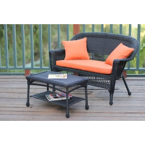 2-Piece Oswald Black Resin Wicker Patio Loveseat and Coffee Table Set Orange Cushion - All