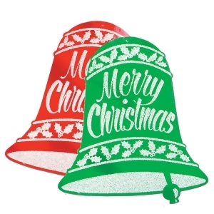 Club Pack of 12 Red and Green Glittered Christmas Bell Sign Decorations 18 - All
