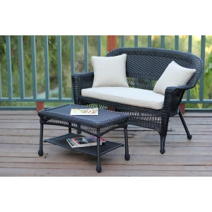 2-Piece Oswald Black Resin Wicker Patio Loveseat and Coffee Table Set Tan Cushion - All