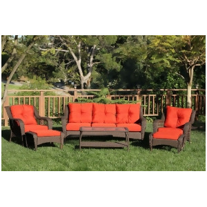 6-Piece Espresso Resin Wicker Outdoor Patio Seating Furniture Set Red-Orange Cushions - All