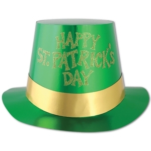 Club Pack of 25 Green and Gold Glittered Happy St. Patrick's Day Foil Hi-Hats - All
