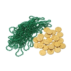 Club Pack of 444 Green Beads and Gold Coins Leprechaun Loot - All