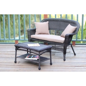 2-Piece Espresso Resin Wicker Patio Loveseat and Coffee Table Set Brown Cushion - All