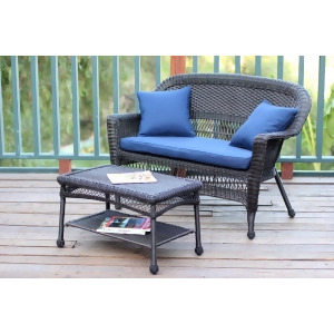 2-Piece Espresso Resin Wicker Patio Loveseat and Coffee Table Set Blue Cushion - All