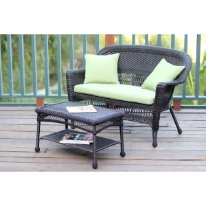 2-Piece Espresso Resin Wicker Patio Loveseat and Coffee Table Set Green Cushion - All