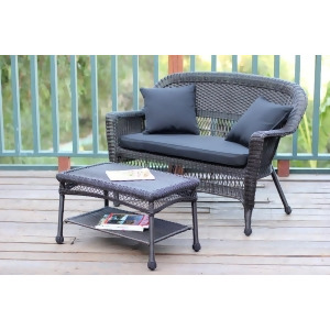 2-Piece Espresso Resin Wicker Patio Loveseat and Coffee Table Set Black Cushion - All
