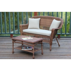 2-Piece Oswald Honey Resin Wicker Patio Loveseat and Coffee Table Set Tan Cushion - All