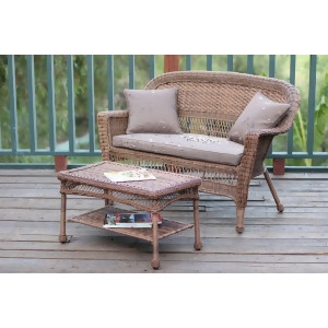2-Piece Oswald Honey Wicker Patio Loveseat and Coffee Table Set Brown Cushion - All