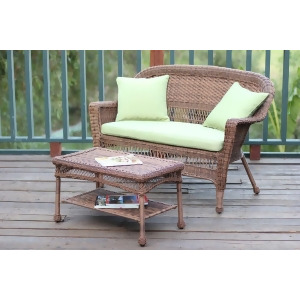 2-Piece Oswald Honey Resin Wicker Patio Loveseat Coffee Table Set Green Cushion - All