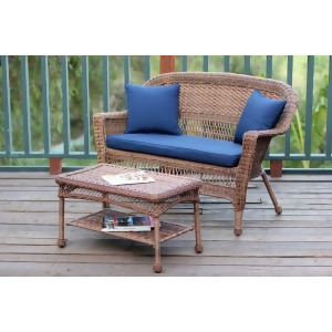 2-Piece Oswald Honey Resin Wicker Patio Loveseat and Coffee Table Set Blue Cushion - All