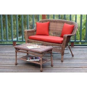 2-Piece Oswald Honey Resin Wicker Patio Loveseat and Coffee Table Set Red Cushion - All