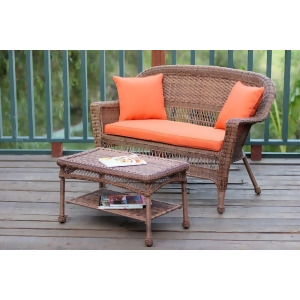 2-Piece Oswald Honey Wicker Patio Loveseat and Coffee Table Set Orange Cushion - All